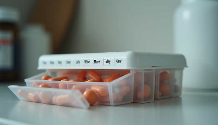 Eye-level view of a daily medication organizer with Adderall XR capsules arranged by day
