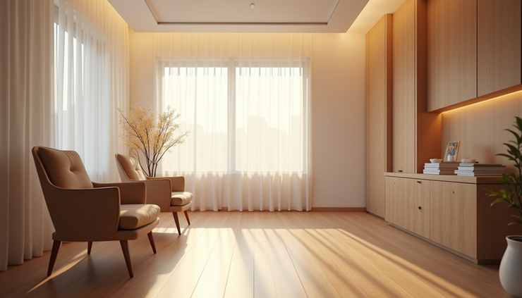 Eye-level view of a calm therapy room prepared for psilocybin session
