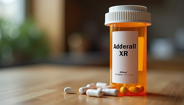 Close-up view of a prescription bottle labeled Adderall XR on a wooden table