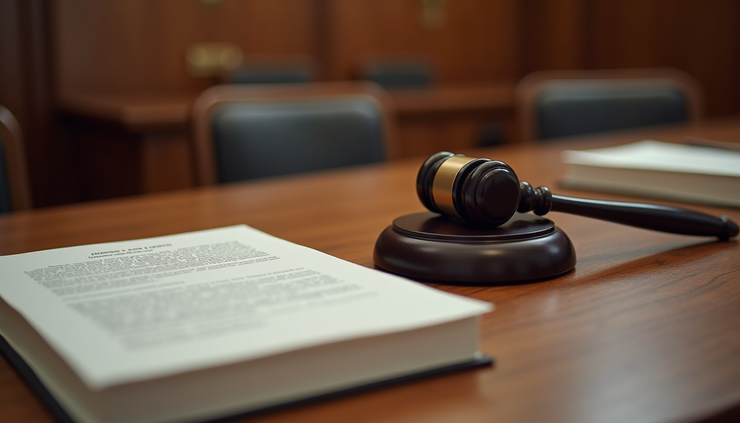 High angle view of a courtroom with legal books and a gavel