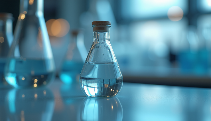 Eye-level view of a laboratory vial containing a clear liquid with a blurred background of scientific equipment