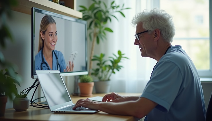 Eye-level view of a patient consulting a doctor via telemedicine on a laptop
