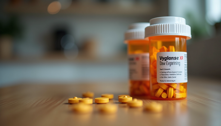 Close-up view of prescription pill bottles labeled Vyvanse and Adderall XR on a wooden surface