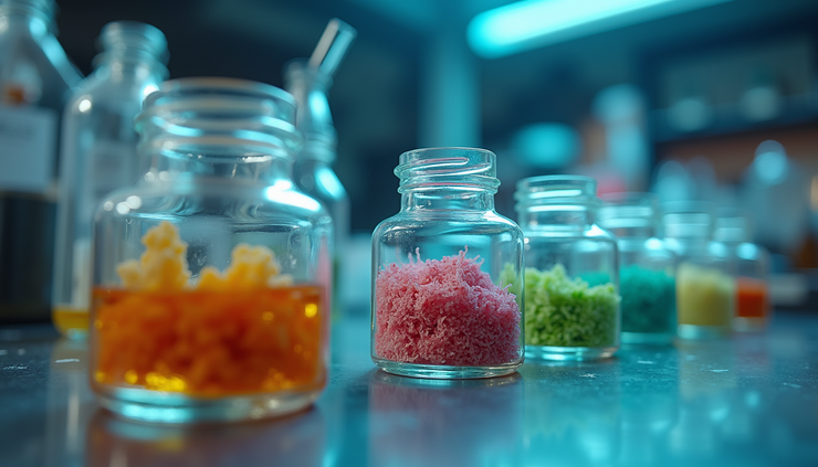 Eye-level view of a laboratory setting with psychedelic substances in glass containers
