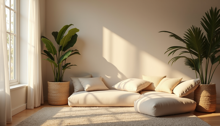 Eye-level view of a peaceful indoor space with soft lighting and comfortable seating