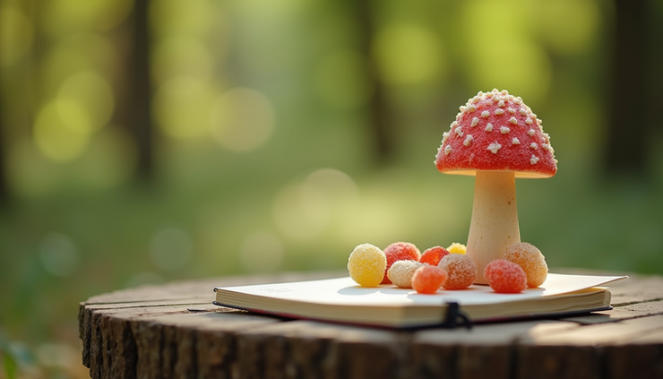 Eye-level view of a calm natural setting with a small table holding mushroom gummies and a journal
