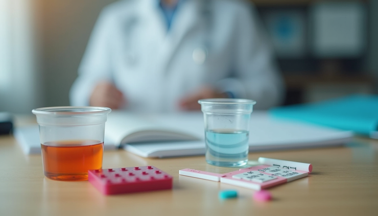 Close-up view of a drug testing kit with test strips and a sample cup on a wooden table