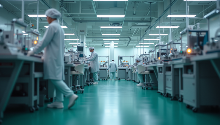 Eye-level view of a pharmaceutical manufacturing plant with machinery and workers