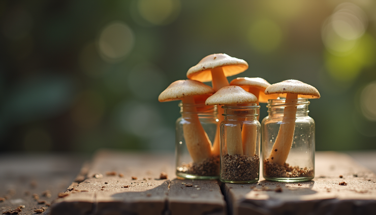 Eye-level view of a small vial containing psychedelic mushrooms on a wooden table