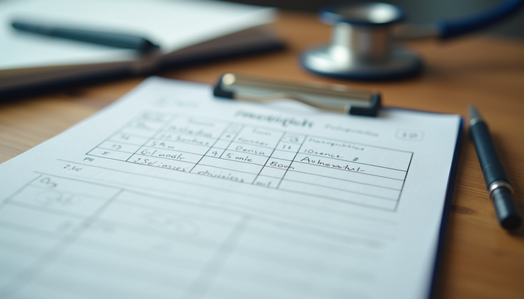 Eye-level view of a prescription pad and pen on a wooden desk