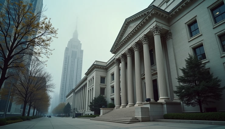 Eye-level view of a cityscape with a government building in the foreground