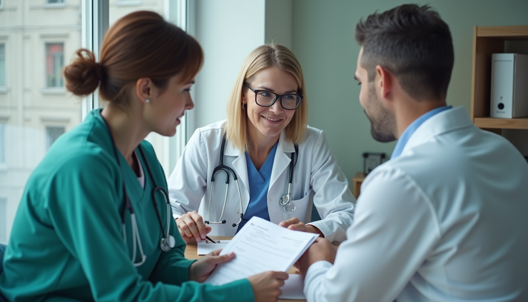 High angle view of a healthcare provider reviewing insurance documents with a patient