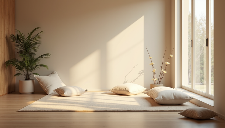 Eye-level view of a serene meditation space with natural light and cushions