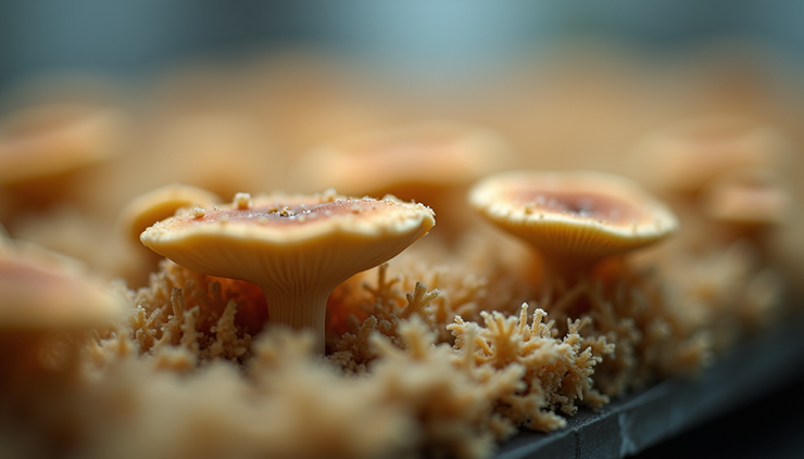 Close-up view of fresh mushroom mycelium spreading on substrate