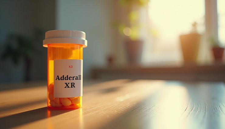 Close-up view of a prescription bottle labeled Adderall XR on a wooden table
