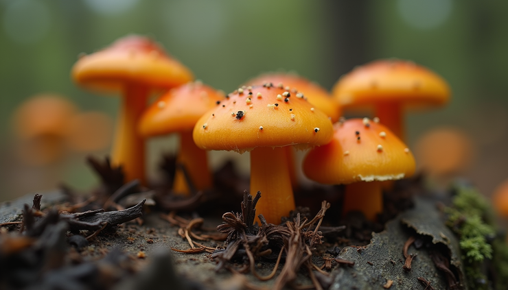 Eye-level view of a cluster of orange Jack-o’-lantern mushrooms growing on decaying wood