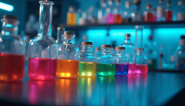Eye-level view of a laboratory setup with psychedelic compounds and research equipment
