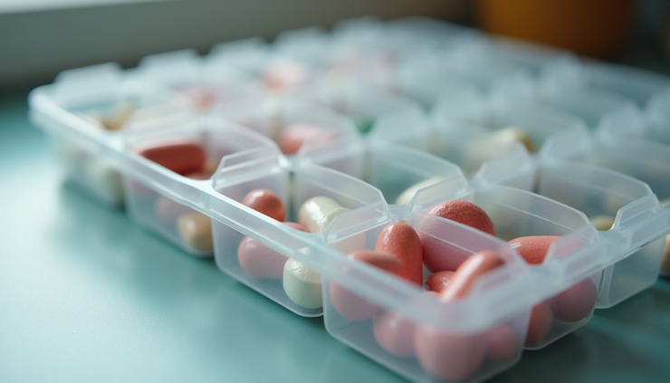 Eye-level view of a pill organizer with daily compartments filled with medication