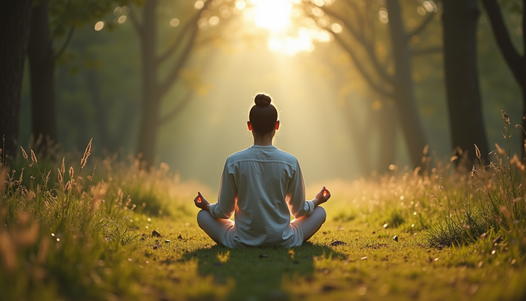 Eye-level view of a person meditating outdoors surrounded by nature