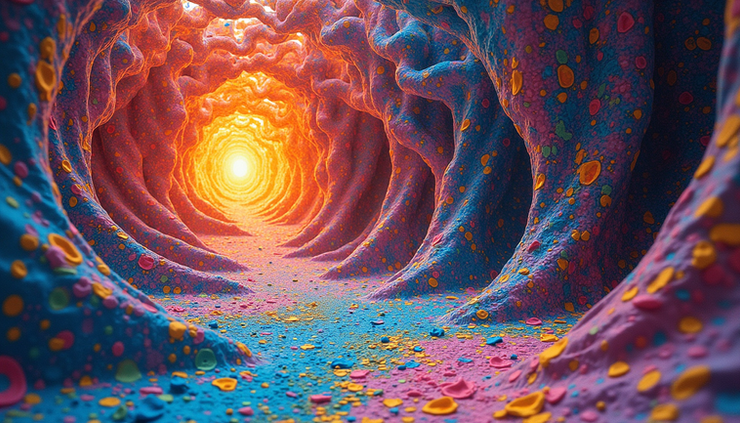 Close-up view of a colorful psychedelic album cover with intricate patterns