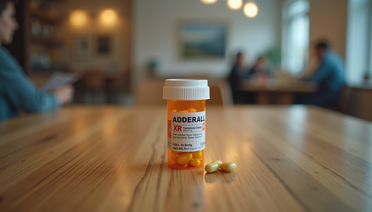 Eye-level view of a prescription bottle labeled Adderall XR on a wooden table