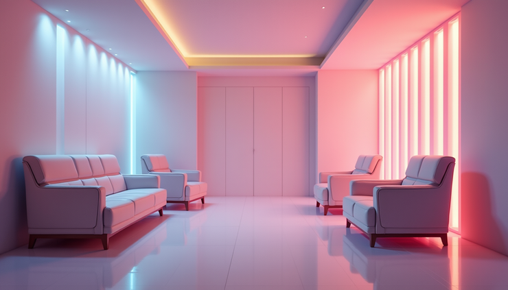 Eye-level view of a modern psychedelic clinic waiting room with calming decor
