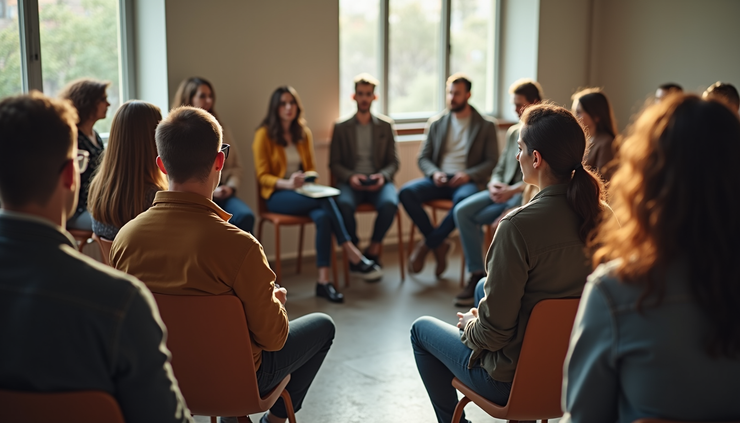 High angle view of a community meeting discussing drug policy reform with diverse participants
