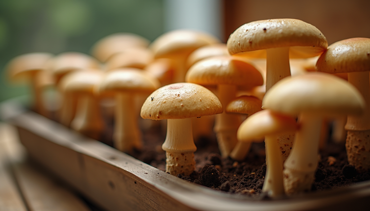 Eye-level view of fresh mushrooms growing in a controlled indoor environment