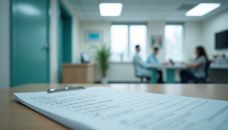 Eye-level view of a medical clinic's consultation room with a prescription pad on the desk