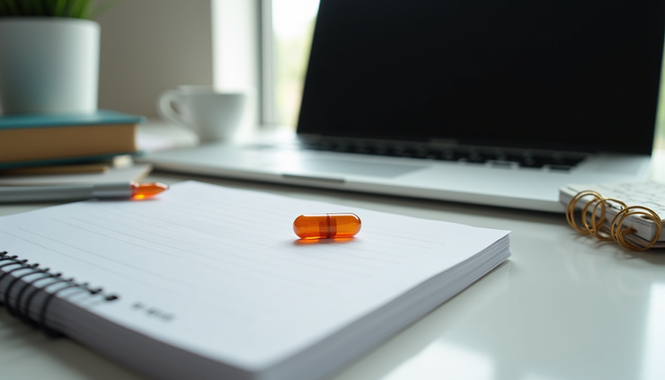 Close-up view of a graduate student’s study materials with Adderall XR pills beside a laptop