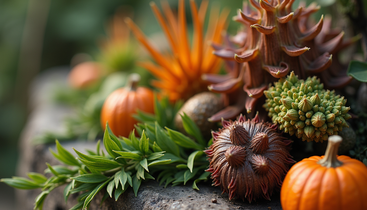 Close-up view of a ceremonial setup with traditional psychedelic plants and natural elements