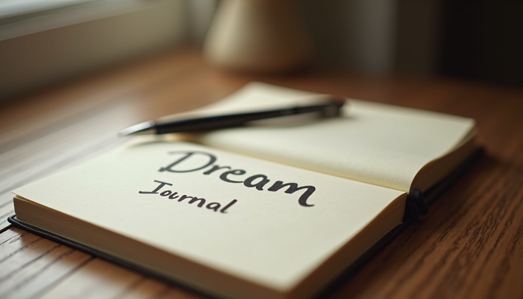 Close-up view of a dream journal and pen on a bedside table, symbolizing lucid dreaming practice