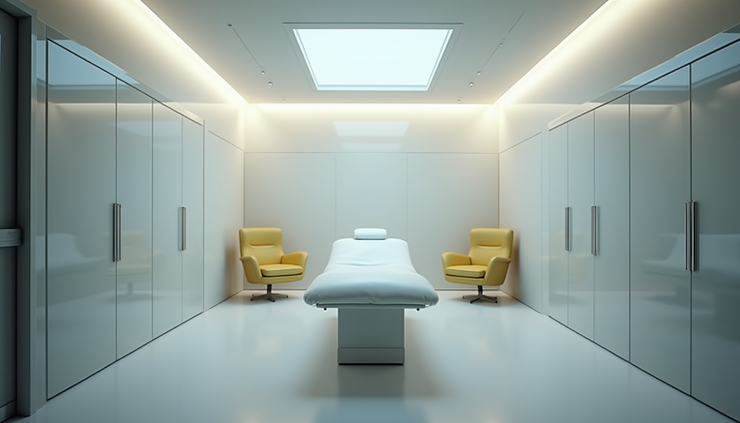 Eye-level view of a modern ketamine clinic treatment room with calming decor