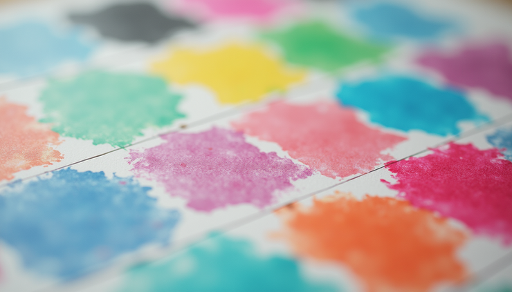 Eye-level view of a colorful blotter paper with LSD tabs arranged neatly