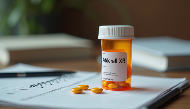 Eye-level view of a prescription bottle labeled Adderall XR on a study desk with textbooks