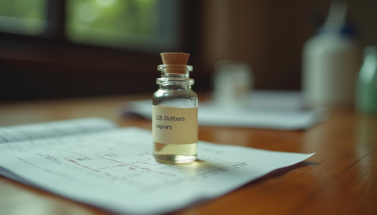 Eye-level view of a vial containing LSD blotter paper on a wooden table