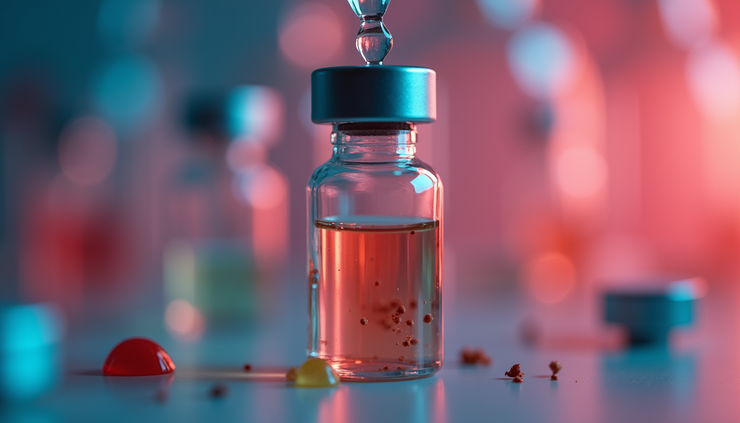 Close-up view of a small glass vial with psychedelic microdosing liquid and a dropper