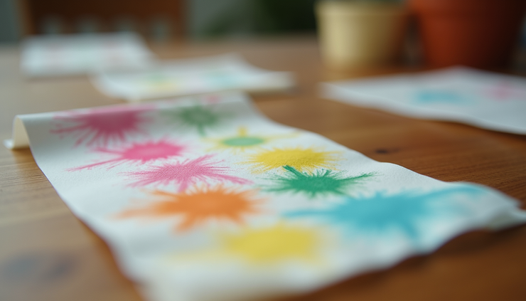 Close-up view of colorful LSD blotter paper on a wooden surface