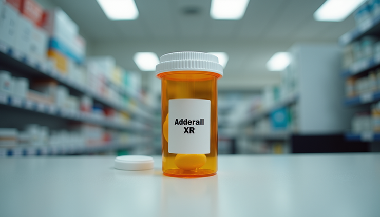 Close-up view of a prescription bottle labeled Adderall XR on a pharmacy counter