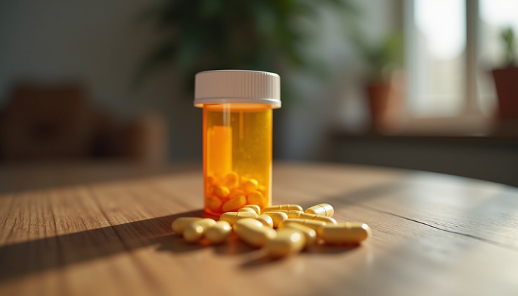 Eye-level view of a prescription bottle labeled Adderall XR on a wooden table