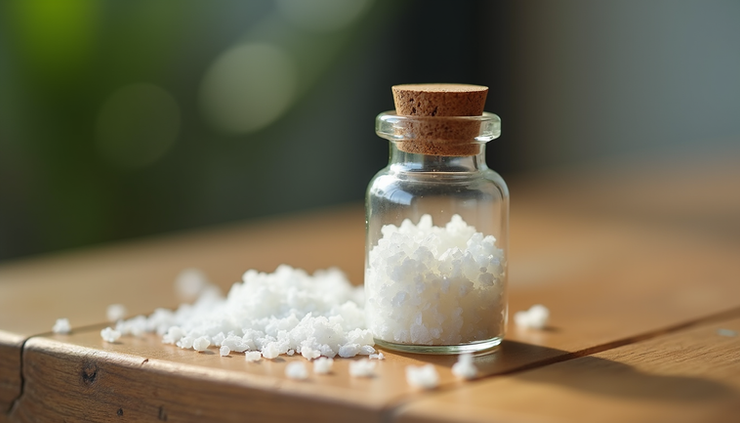 Close-up view of a small vial containing DMT crystals on a wooden surface