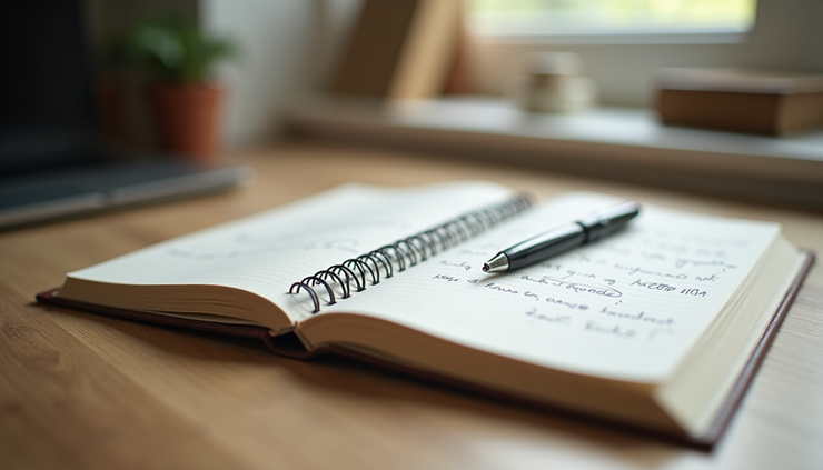 Close-up view of a notebook with handwritten notes and a pen on a desk