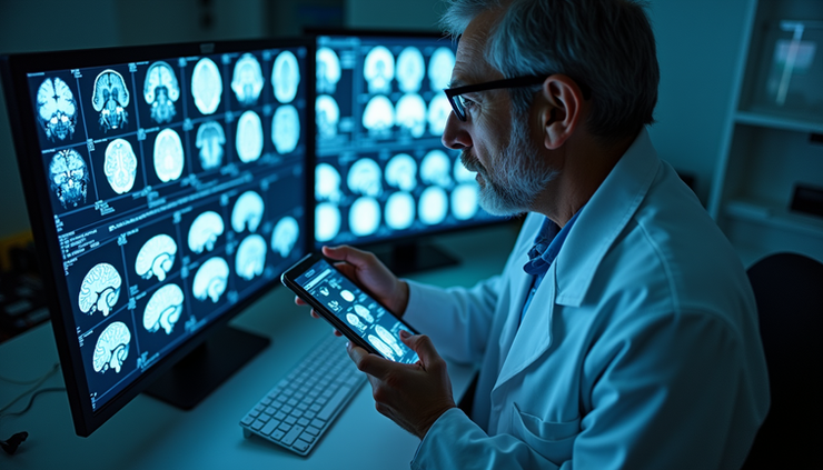 High angle view of a scientist analyzing brain scans related to psychedelic research