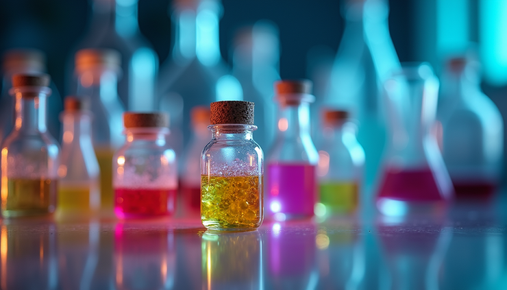 Eye-level view of a laboratory setup with psychedelic compounds and scientific equipment