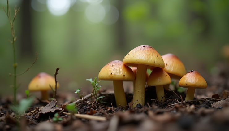 Close-up view of psilocybin mushrooms on a natural forest floor