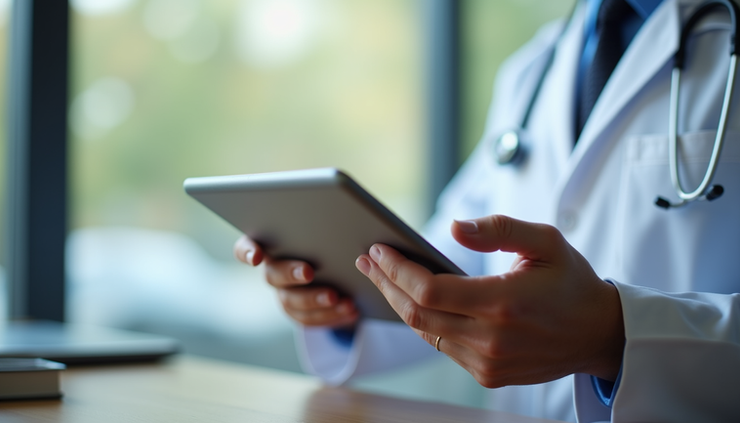 Close-up view of a healthcare professional reviewing a patient's ADHD treatment plan on a tablet