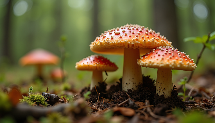 Close-up view of psychedelic mushrooms growing on forest floor
