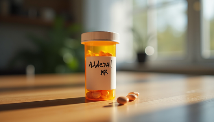 Eye-level view of a prescription bottle labeled Adderall XR on a wooden table