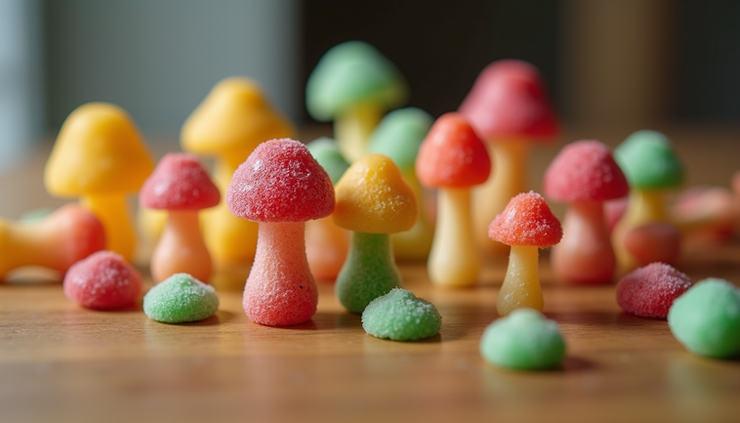 Close-up view of psychedelic mushroom gummies on a wooden surface