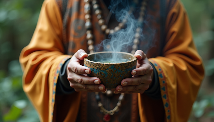 Close-up view of a shaman holding a ceremonial cup with psychedelic brew